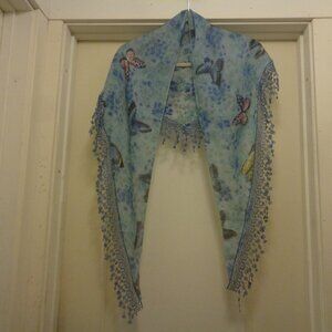 BUTTERFLY BLUES FLOWERS FRINGE TRIANGLE SCARF